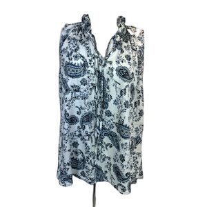 Melloday sleeveless top w paisley pattern and ruffled neckline sz Large EUC